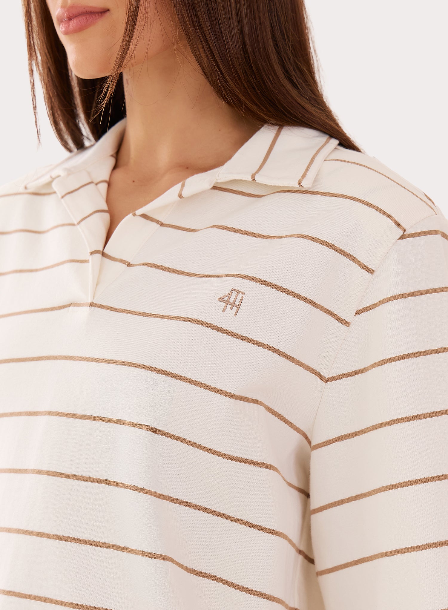 Cream And Beige Stripe Shoulder Pad Polo Top
